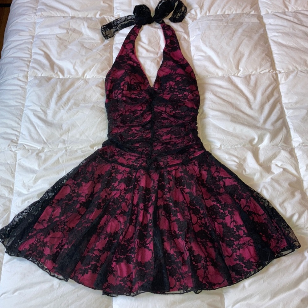 Lace Tie-Up Halter A-Line Corset Scrunched Mini Dress
